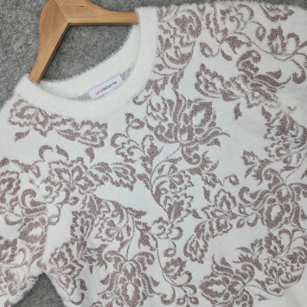 NEW Liz Claiborne Sweater Women's PL White Metallic Floral Fuzzy Short Sleeve